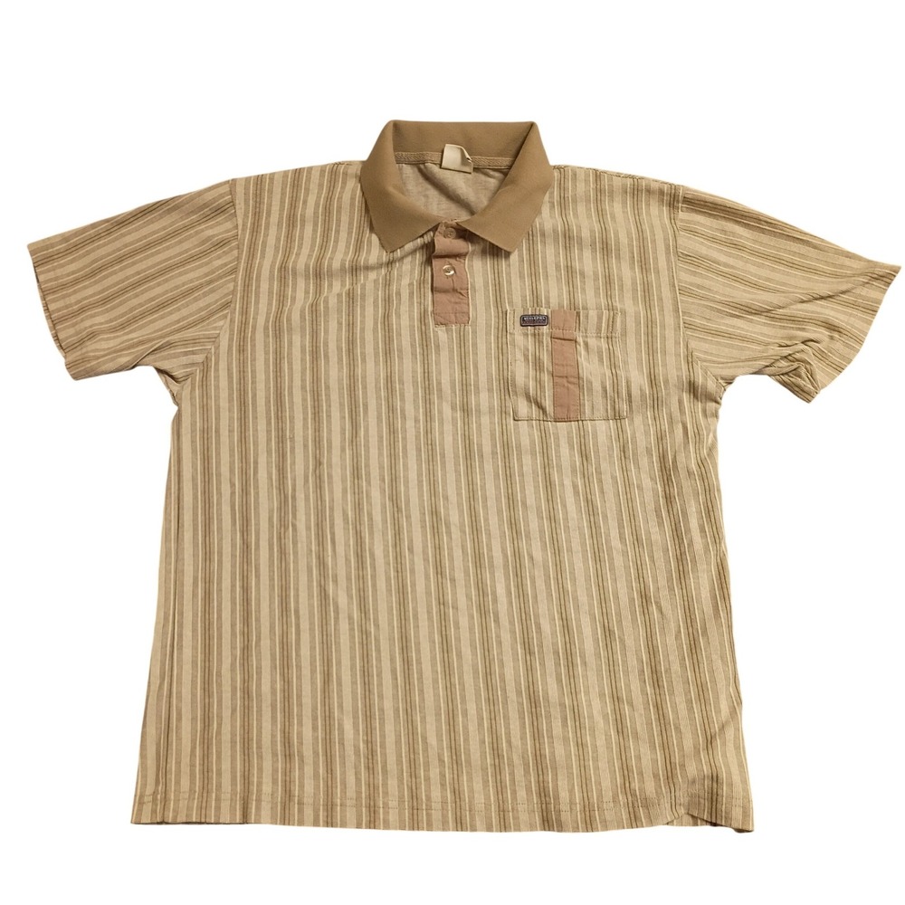 Binlepos Striped Polo Shirt Mens XL Tan Brown Short Sleeve Cotton Casual Pocket